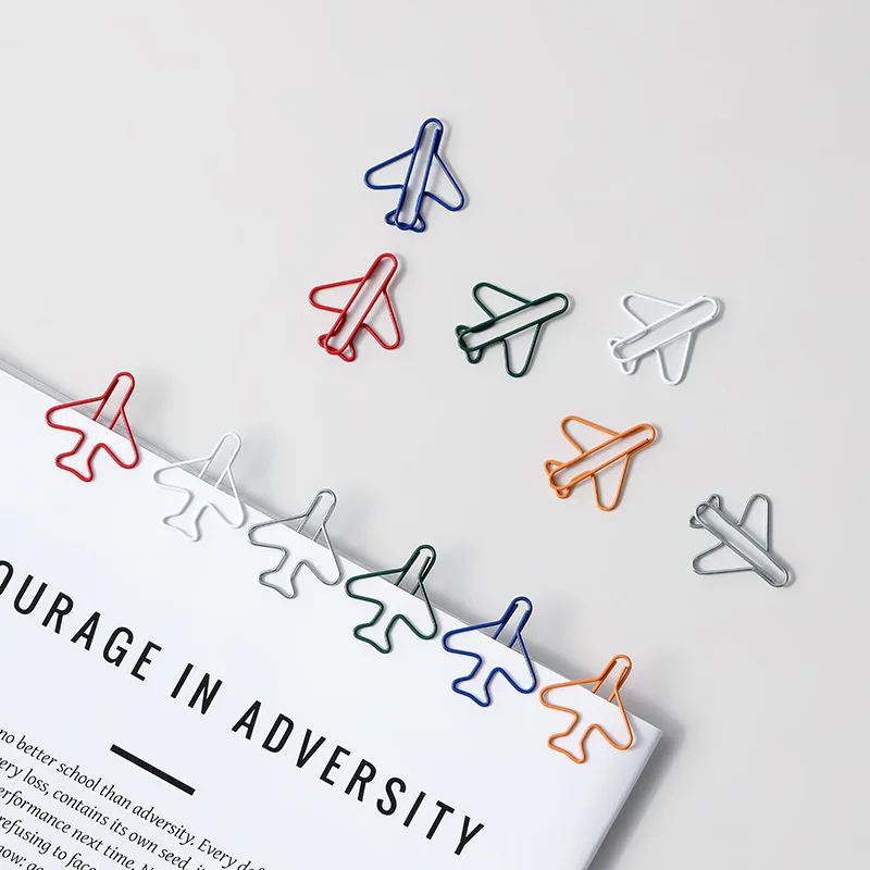 6pcs Creative Colored Paper Clip Cute Airplane Shaped Clips Metal Colored Paperclips School Binding Supplies