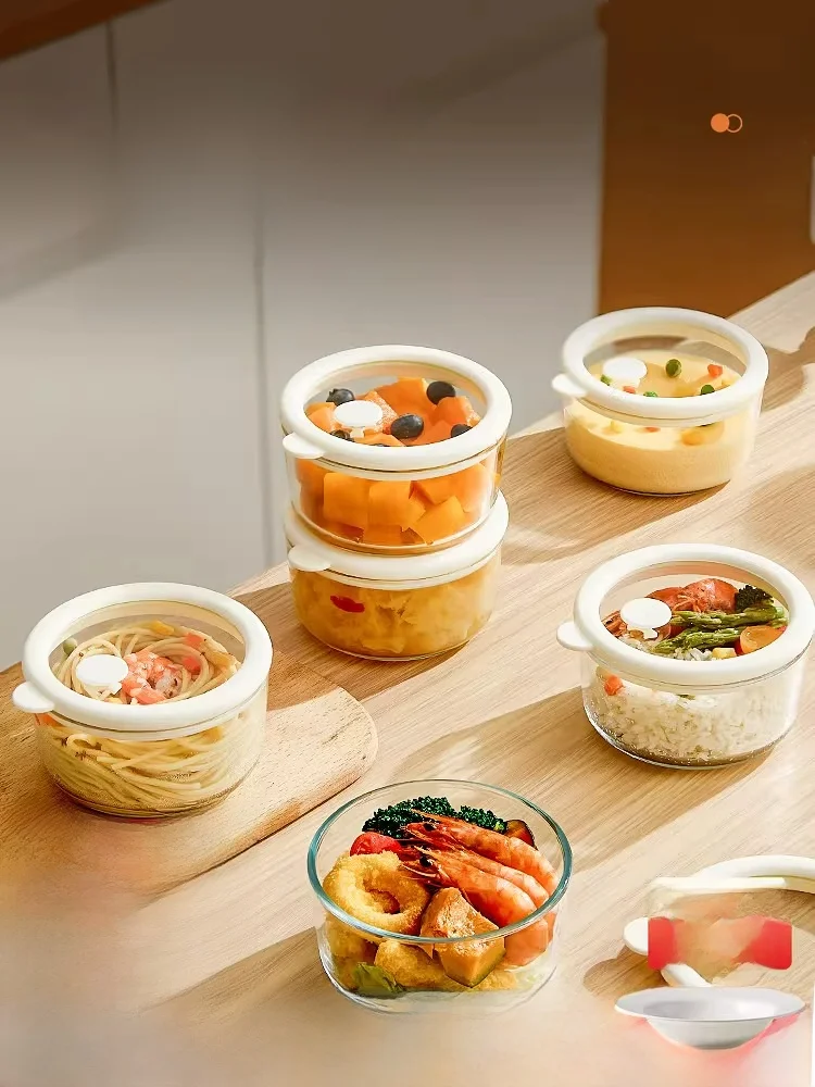 

Glass Lunch Box Microwave Safe Sealed Covered Food Preservation Box for Office Workers round Shape Transparent Single Compart...