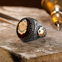 Retro Turkish Ring for Men Vintage Color Red Zircon Rings Punk Trendy Islamic Religious Muslim Jewelry Wholesale