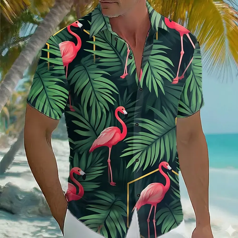 

Men's Blue 3D Flamingo Tropical Palm Print Button Up Shirt, Turndown Collar Hawaiian Style Tops for Summer Beach Daily Wear