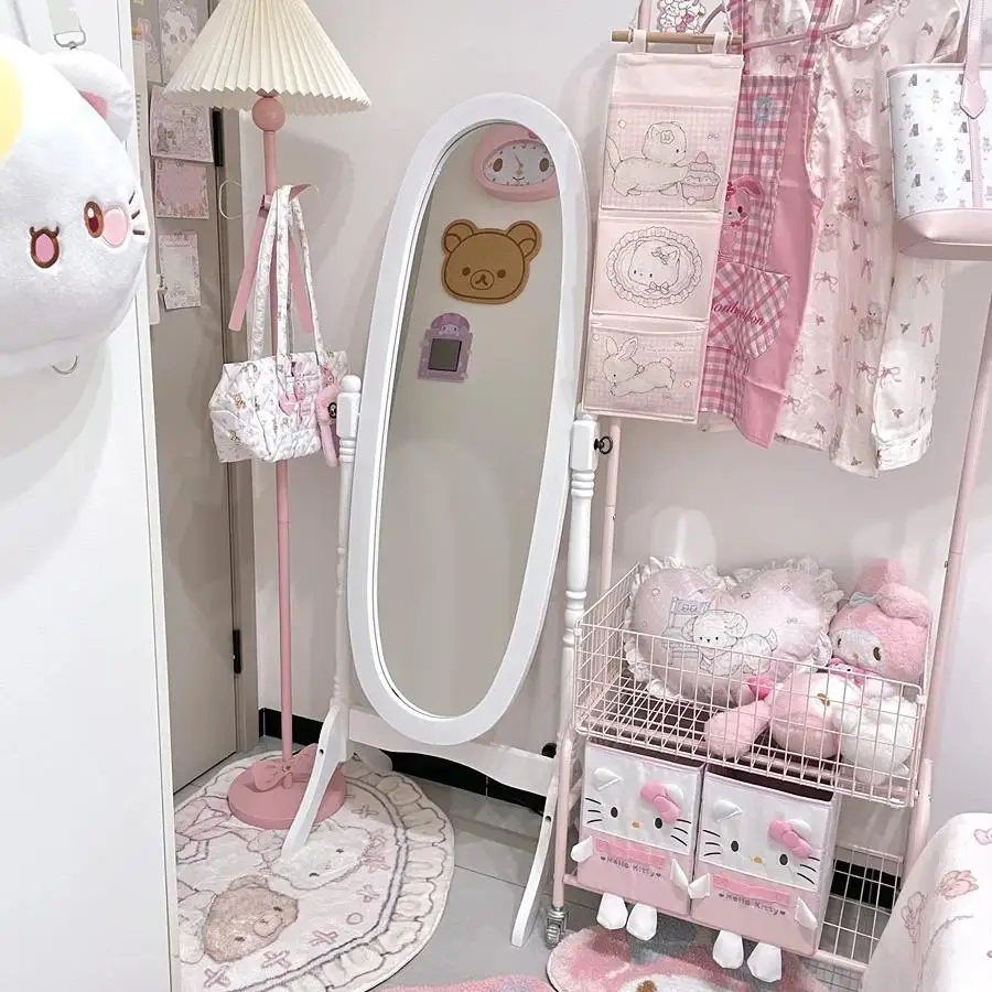 

French retro pastoral bedroom floor mirror white full-length mirror oval medieval full-length mirror