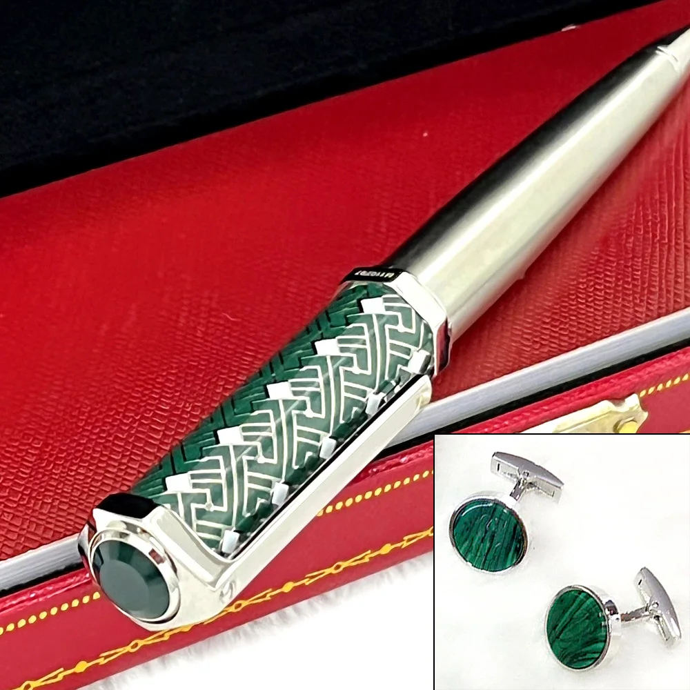 AGD Heptagon S-Dumont CT Luxury Green Square-Line Pattern Ballpoint Pen Silver Trim With Serial Number Writing Smooth