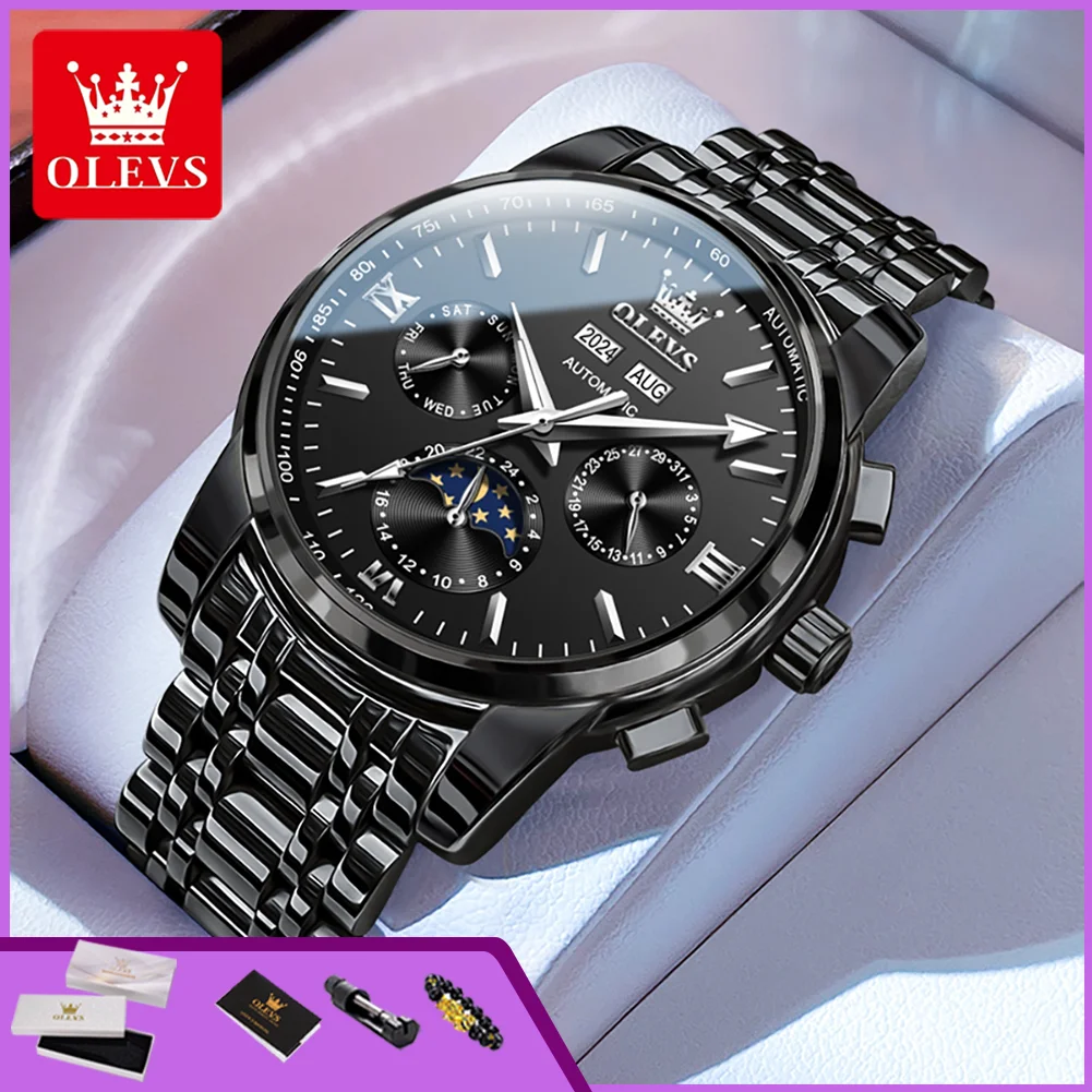 OLEVS 6633 Automatic Men's  Watches Stainless Steel Waterproof Calendar Luminous Moon Phase Top Luxury Mechanical Watch for Man