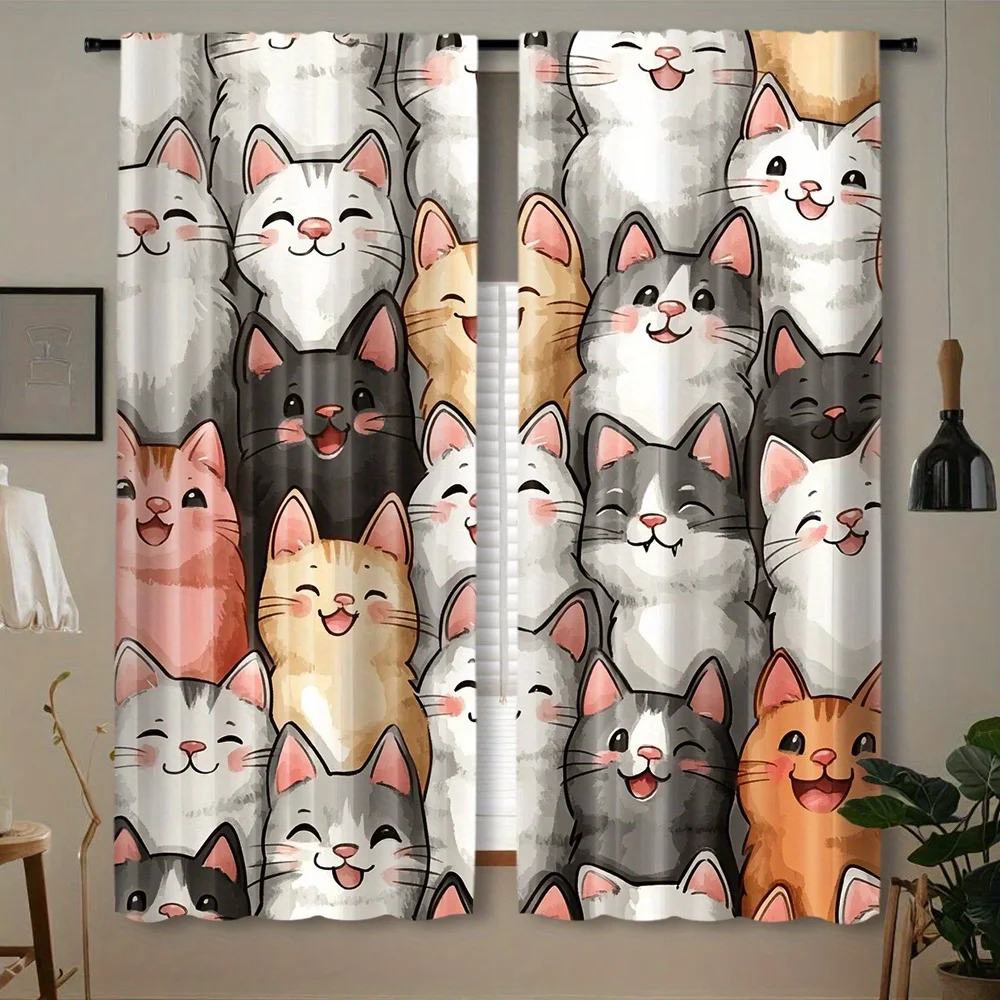 Cute Cat Curtain, Cartoon Kitten Blackout Curtains, Funny Animal Print Drapes, Kids Bedroom Living Room Decor, 2 Panels
