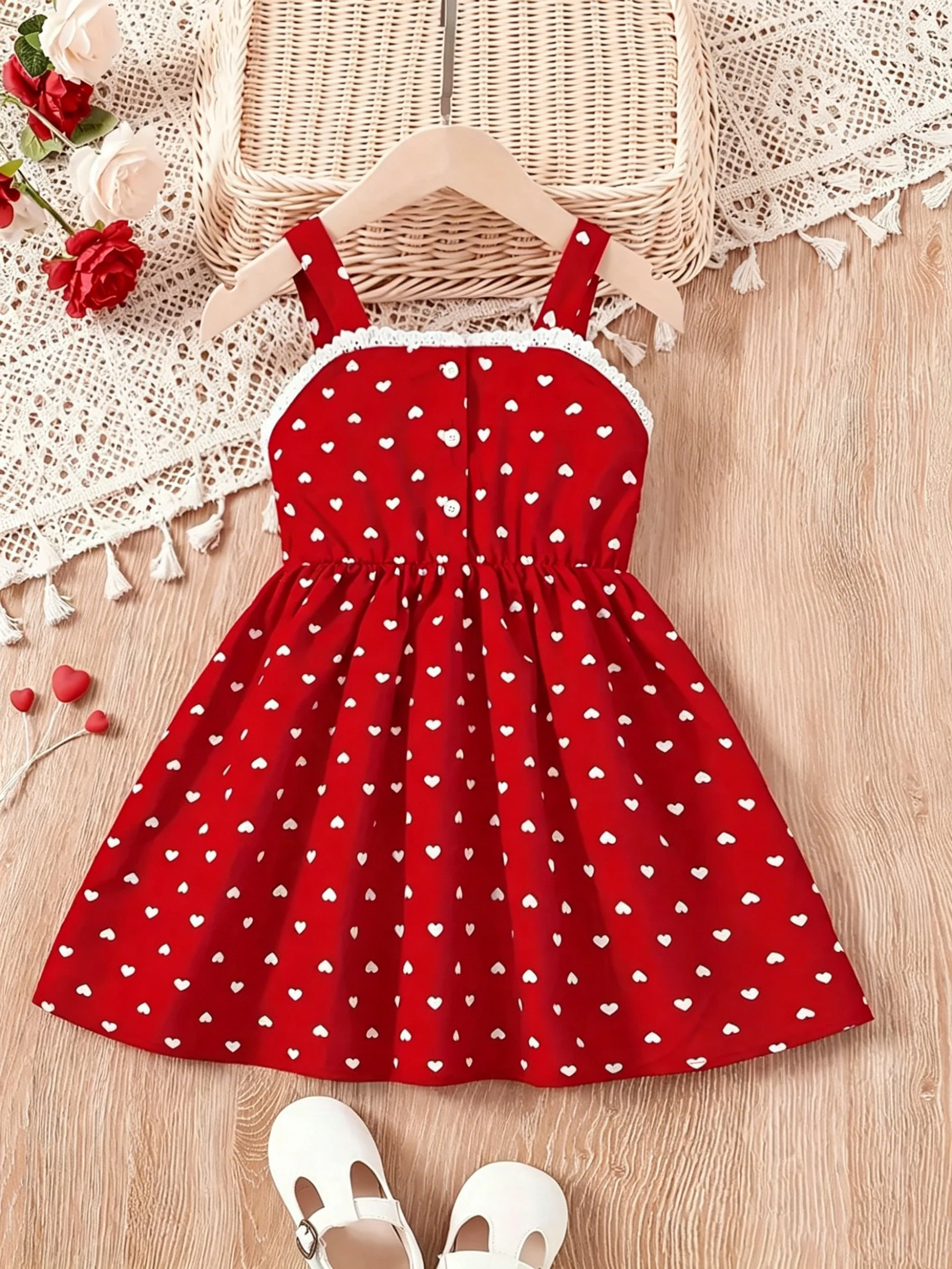 Girls' Summer Fashion Dress Casual Love Pattern Breathable Sleeveless Square Neck No Accessories