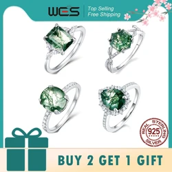 WES 925 Sterling Silver Natural Moss Agate Ring For Women Oval Cut Sea Grass Agate Flower Rings Wedding Party Jewelry Gift