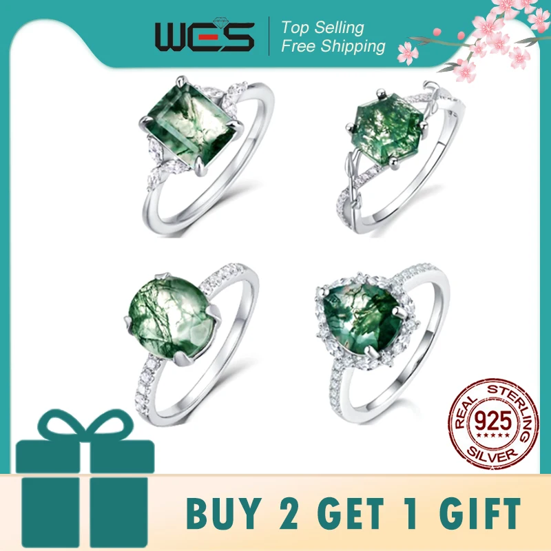 WES 925 Sterling Silver Natural Moss Agate Ring For Women Oval Cut Sea Grass Agate Flower Rings Wedding Party Jewelry Gift