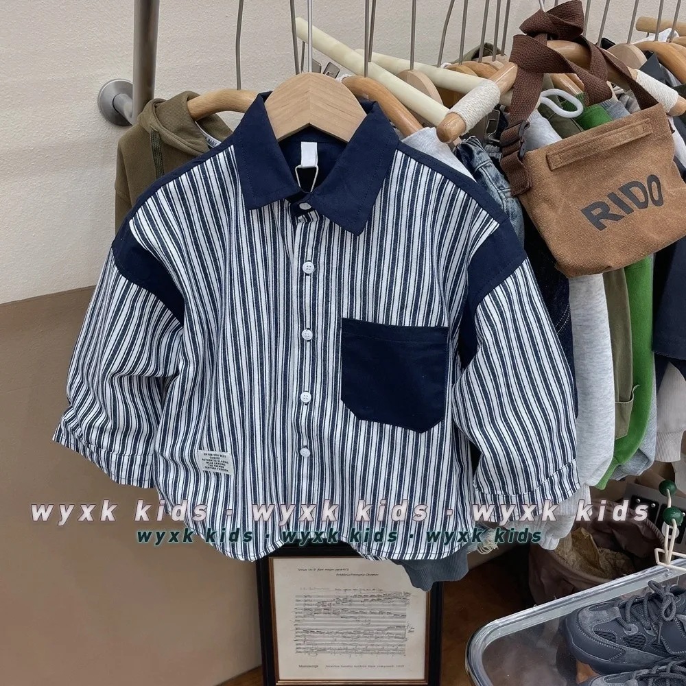 

Children's Striped Long Sleeve Shirt Spring and Autumn Boys' Pure Cotton Color blocked Pocket Top Coat