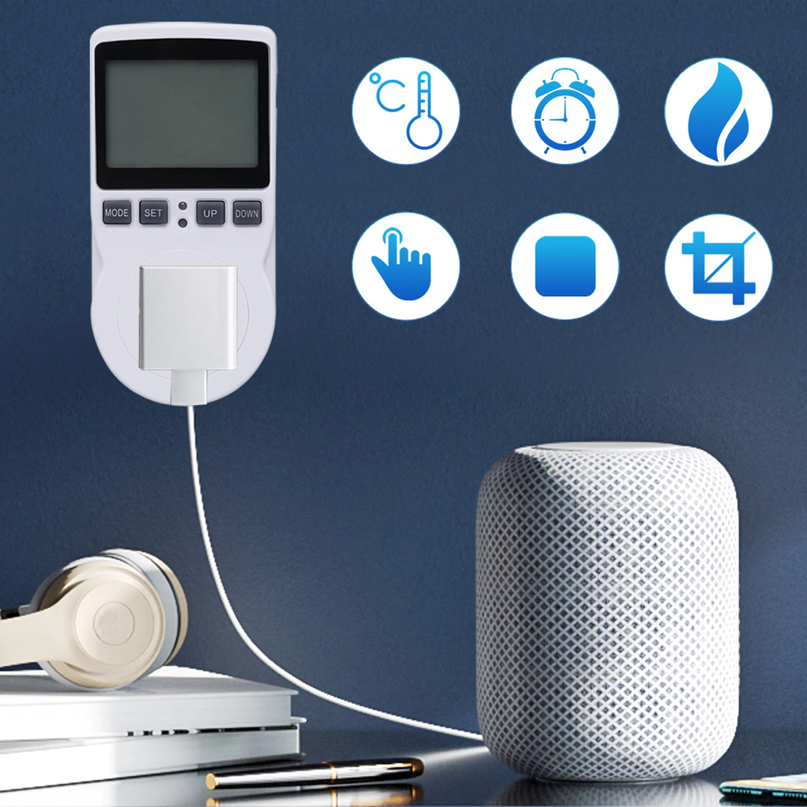 

Цифровой ЖК-дисплей, термостат, таймер, розетка, регулятор температуры, переключатель