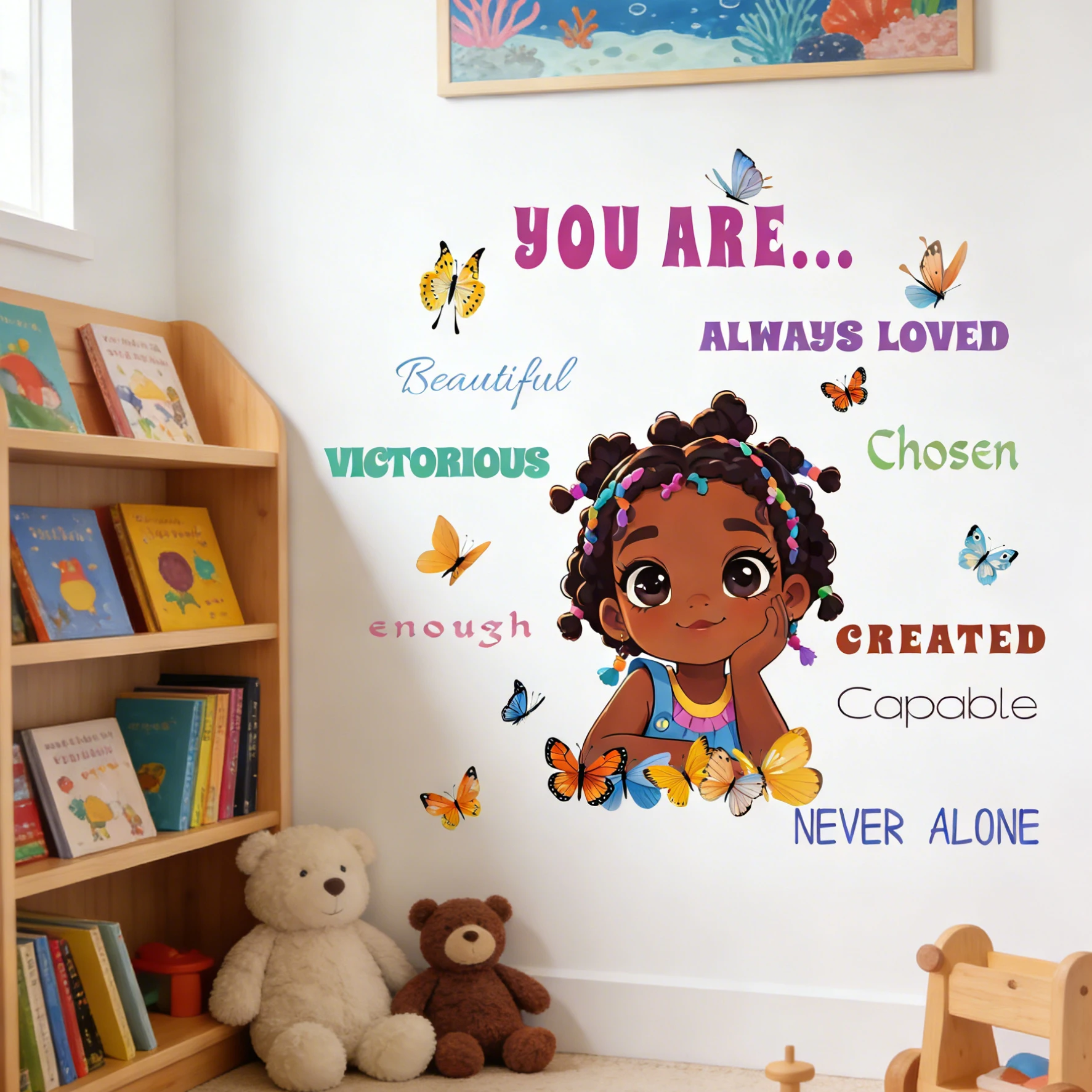 1pcs Girls Butterfly English Wall Stickers Background Room Decor Self-adhesive Wall Mural Kids Bedroom Decorations