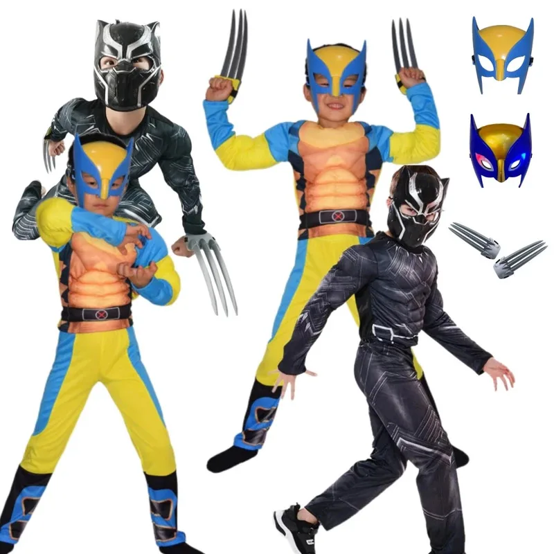 

qq28LQKids Wolverine Muscle Jumpsuit Movie Cosplay Costume Claws Mask Halloween Christmas Boys Black Panther Superhero Party Cos