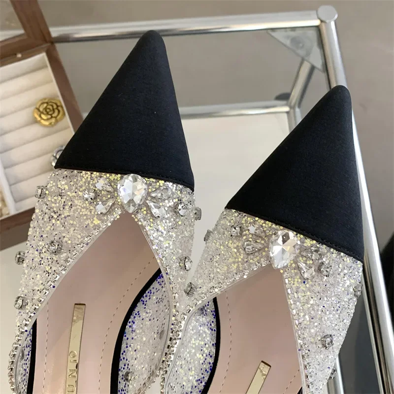 

Pointed Toe Ladies Shoes Fashion Splicing Women Slipper Mature Crystal High Heels 2024 New Luxury Design Summer Slip On Pumps