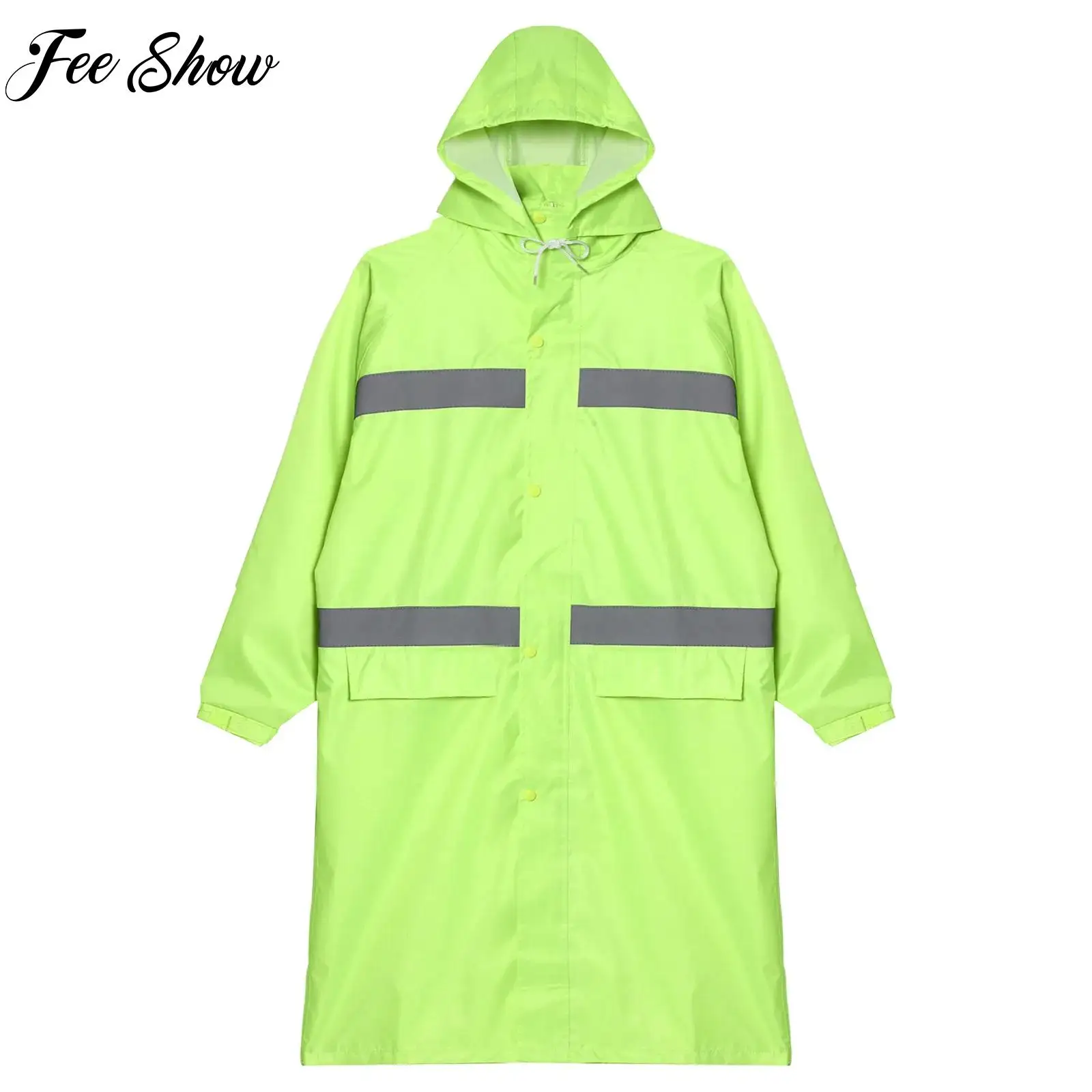 

Men Women Reflective Strips Hooded Raincoat Long Sleeve Mesh Lining Water Resistant Traffic Emergency Rain Jacket with Pockets