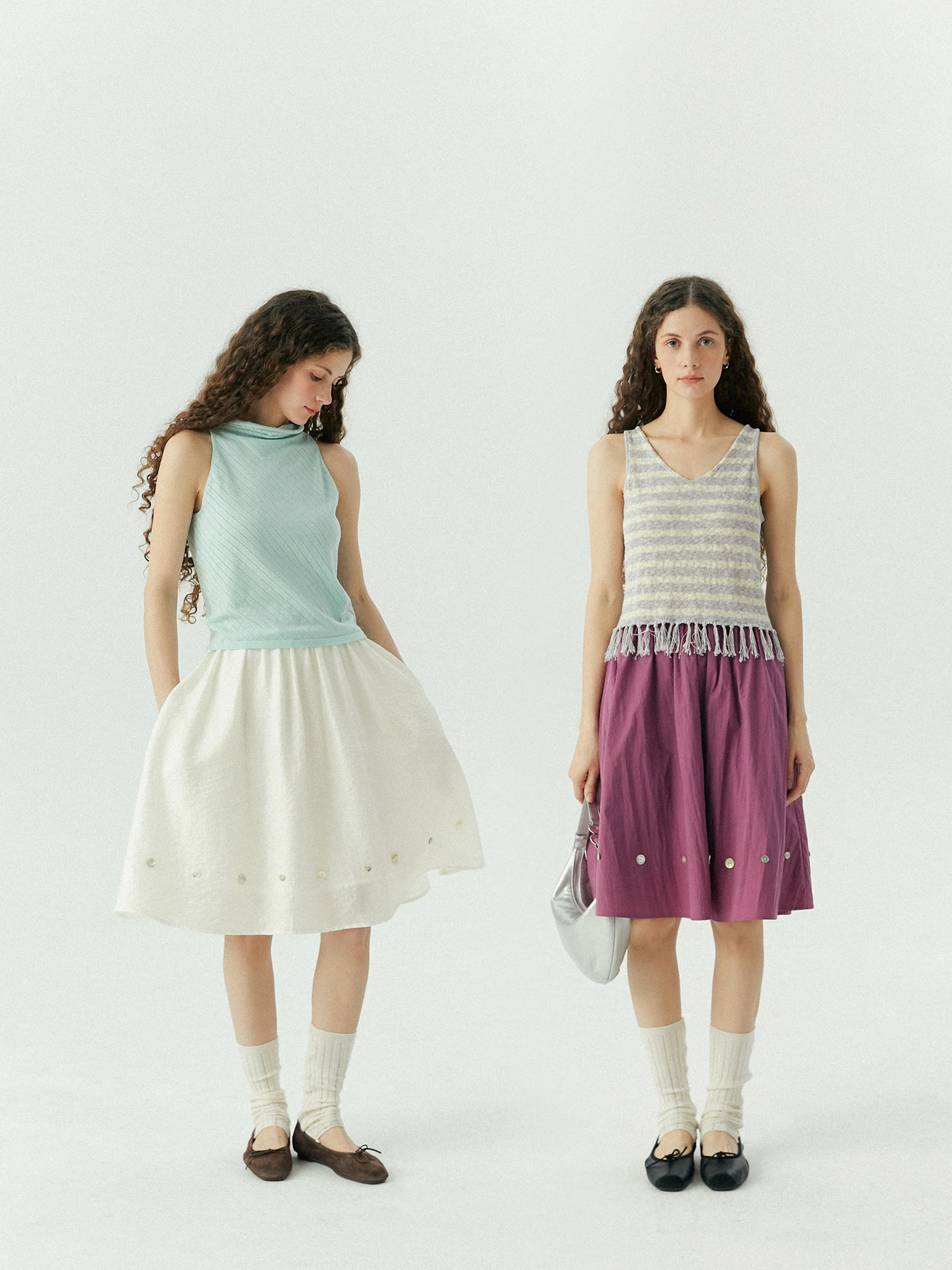 LLANO  Button Midi Skirt mid Waist No Waistband Summer Vacation Women's Cotton Gauze Puffy Skirt Purple Side Zipper