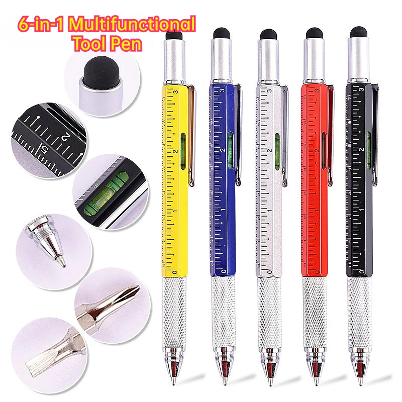 6‑in‑1 Multifunctional Tool Pen Screwdriver Ruler Level Touch Screen Stylus Ballpoint Pen Multi‑Purpose Office Hand Tool Supply