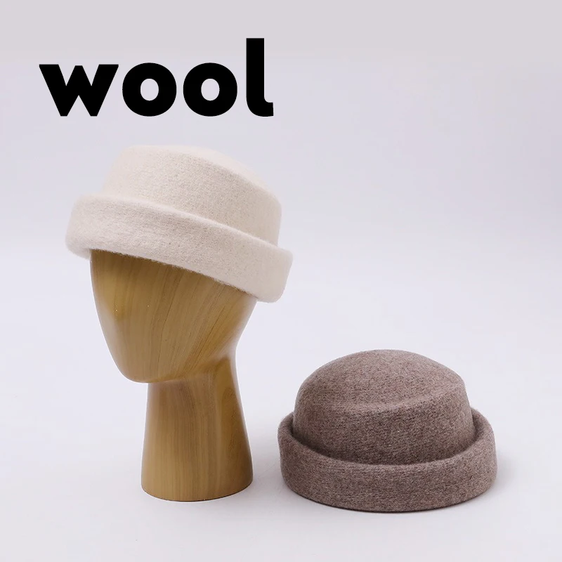 Vintage Wool Felt Pillbox Beret Hat - French Style Structured Round Dome Cap with Rolled Brim for Autumn Winter