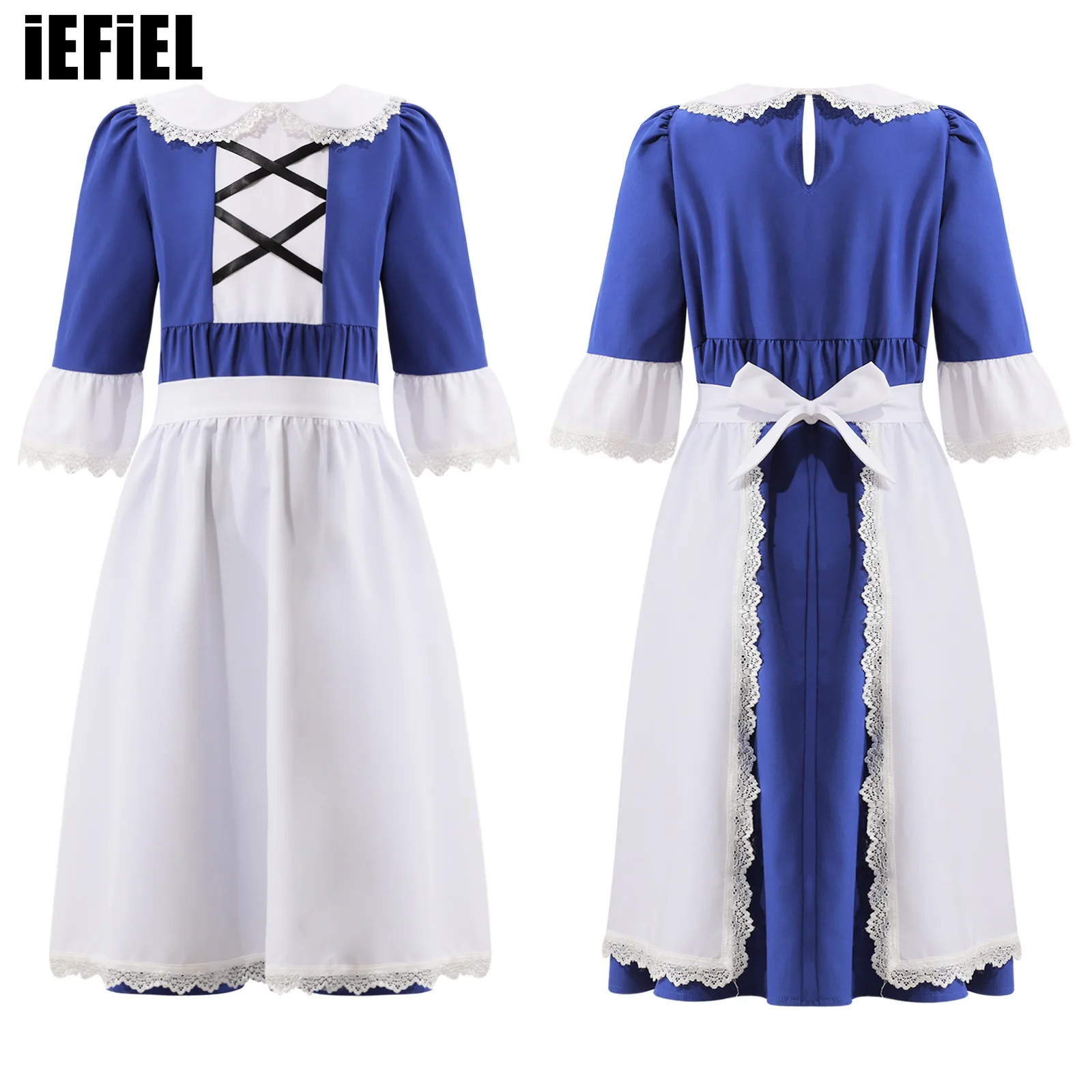 

Kids Girls Colonial Prairie Dress Cosplay Costume Lapel Collar Short Flared Sleeve High Waist Dress with Apron Set