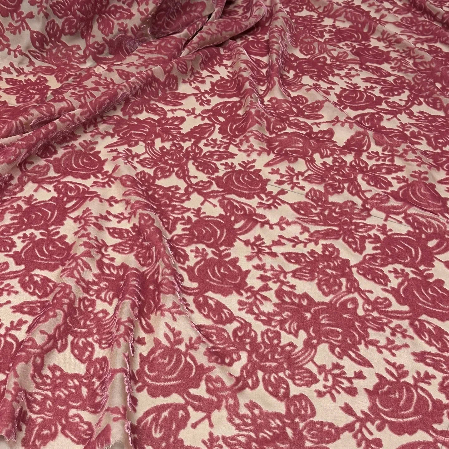 Fuchsia Floral Burnout Silk Velvet Designer Fabric Sheer Silk Textile for Summer Dresses, Textile for Handmade Clothing