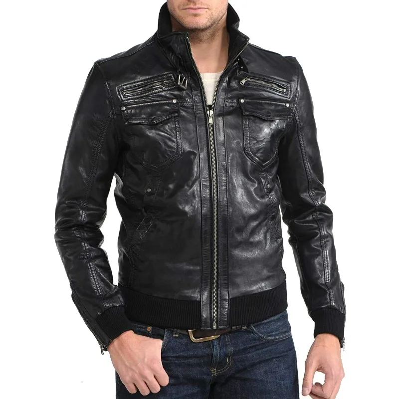 

Classic Men's Authentic Lambskin Leather Jacket Biker Black Luxury Bomber Winter