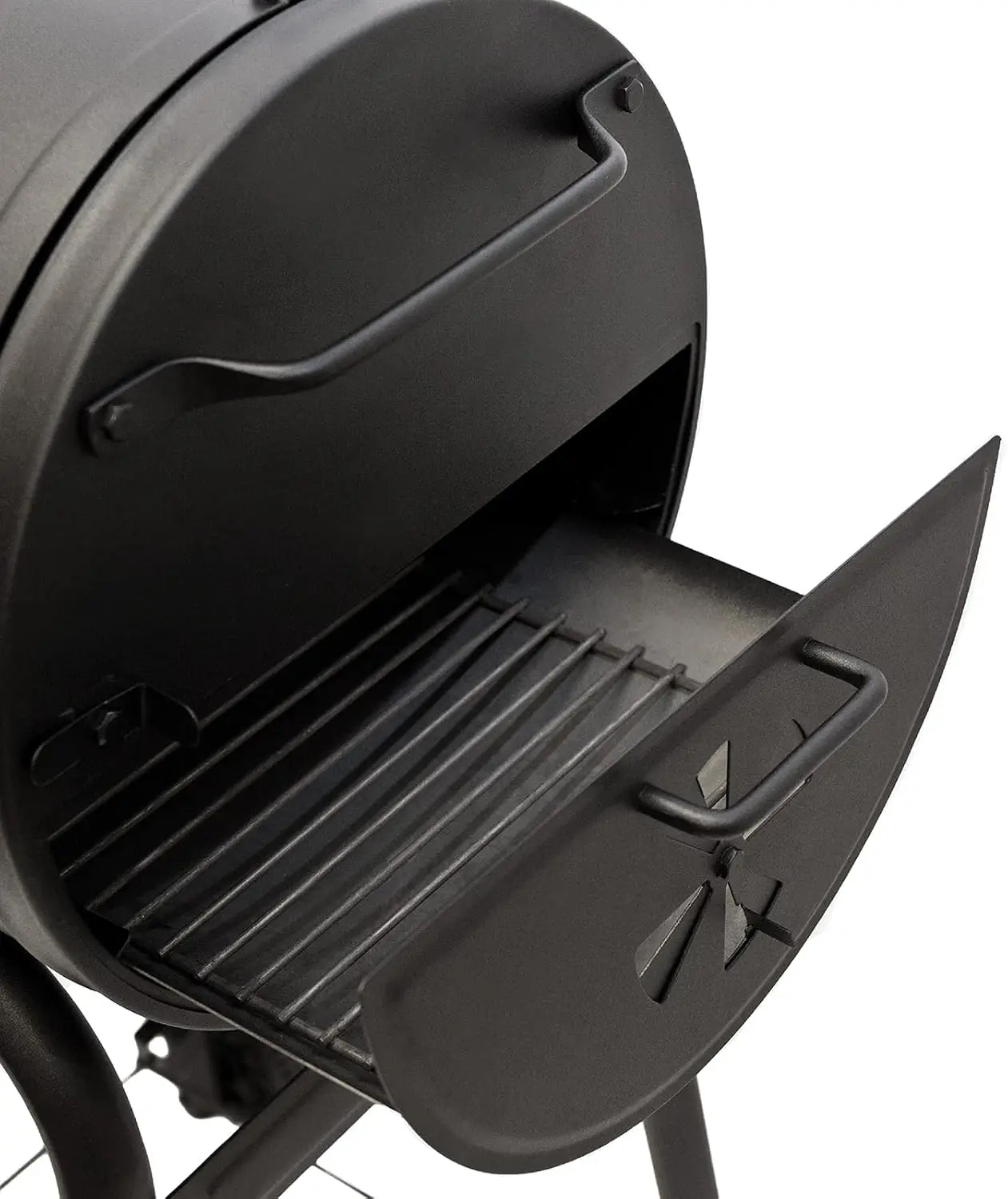 Charcoal Grill and Smoker with Cast Iron Grates, Premium Wood Shelf and Damper Control, 250 Cooking Square Inches in Black