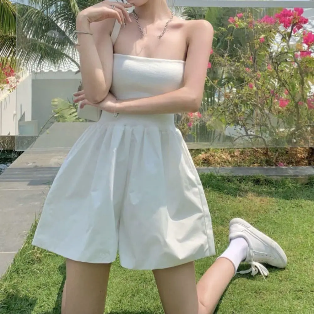 

Soft Sleeveless Strapless Jumpsuit Shorts Wide Leg Baggy Chest Hugging Pants Skirt Ins Style Retro High Waisted Clothing Lady