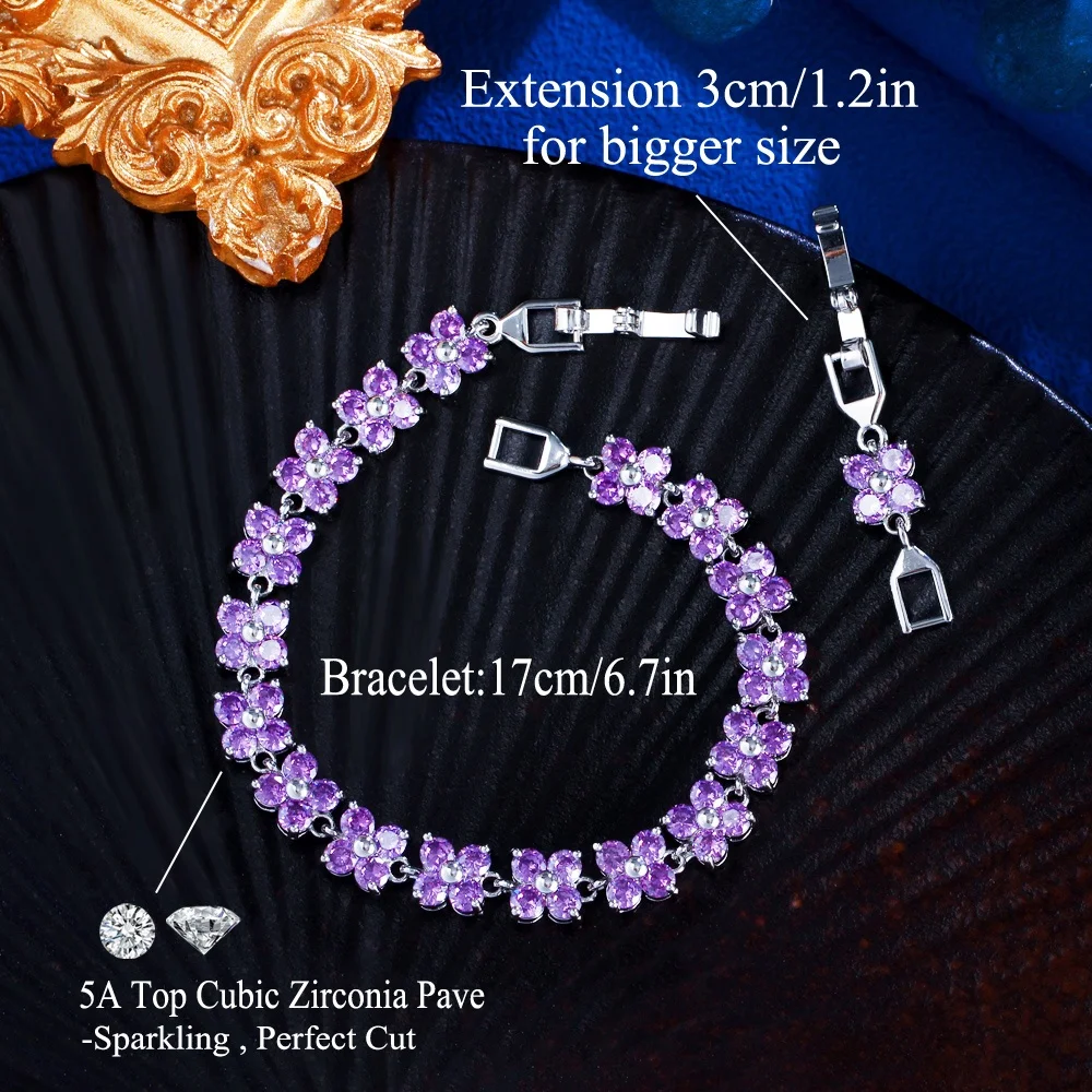 Pera Lovely White Gold Color 4 Leaf Flower Cubic Zirconia Women Fashion Jewelry Tennis Chain Bracelet Bangle with Red Stone B008