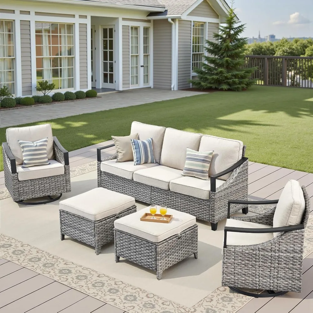 

Aluminum Patio Furniture Set - 5 Pieces Outdoor Wicker High Back Sofa with Comfy Cushions Ottomans and Rattan Patio Swivel Glide