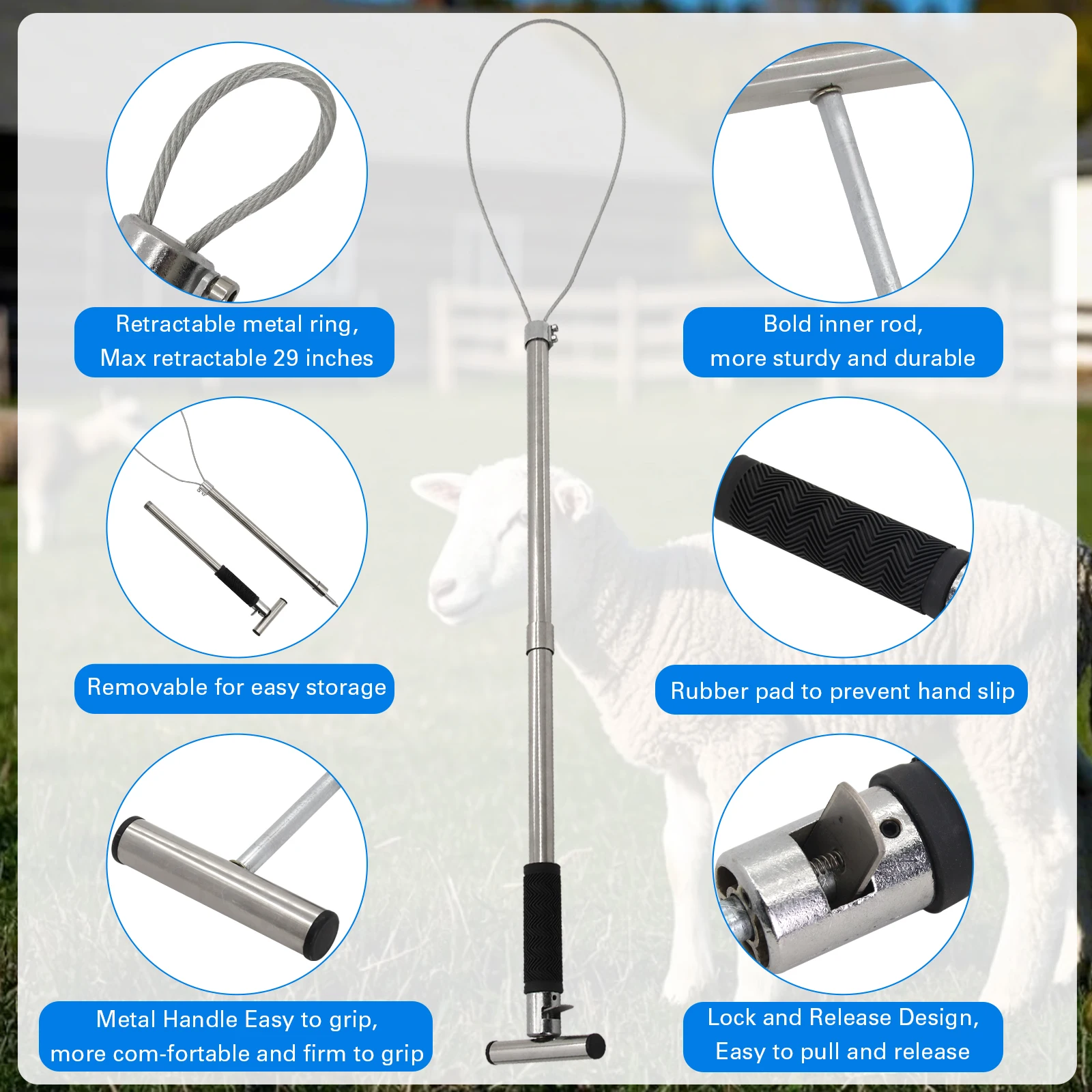 1 قطعة الفولاذ المقاوم للصدأ T-نوع خنزير الماسك القطب ، سلك حبل الثقيلة الحيوان الصيد لاسو مع مقبض لمط ، للماشية المزرعة #4