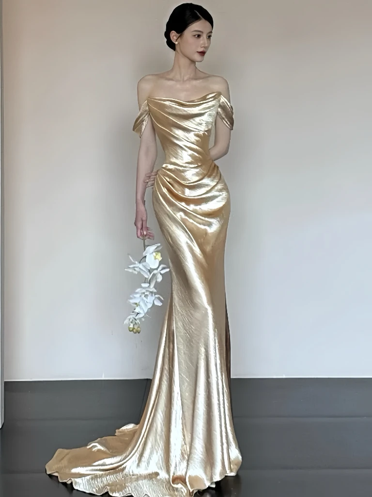 

Золотые вечерние платья с открытыми плечами и рукавами Русалка с длинными рюшами и рюшами длиной до пола, коктейльные платья для торжественных случаев