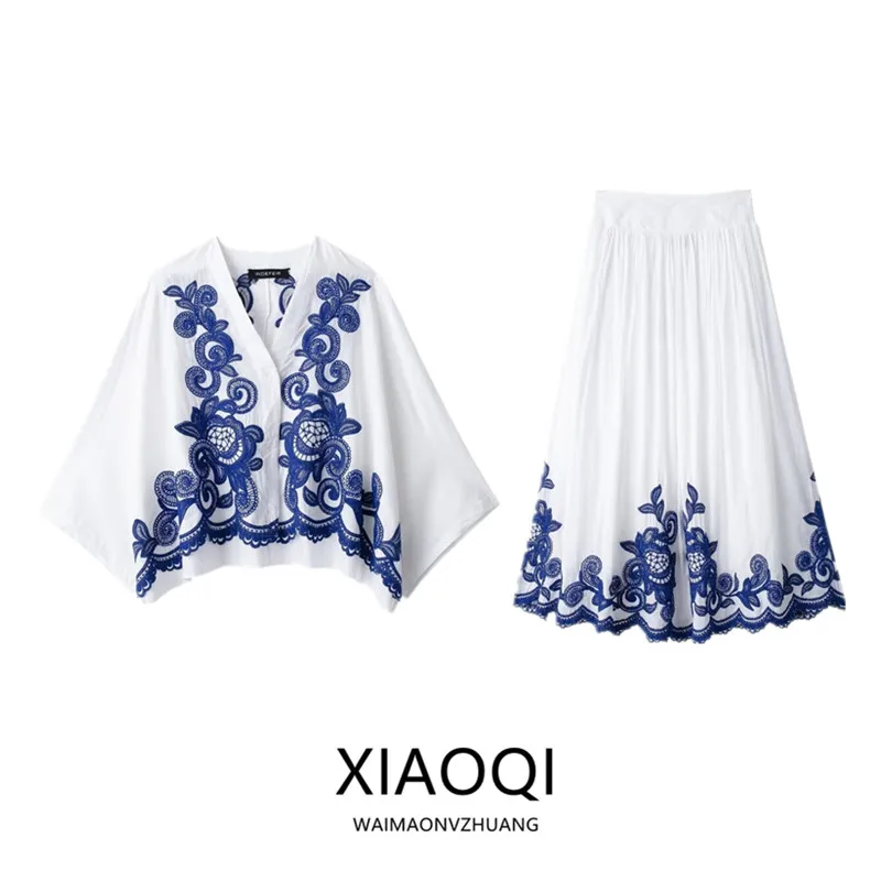 Summer 2024 Women's Fashion Versatile Embroidered Shirt Color Block High Waist  Skirt Stylish Ensemble for Young Professi...