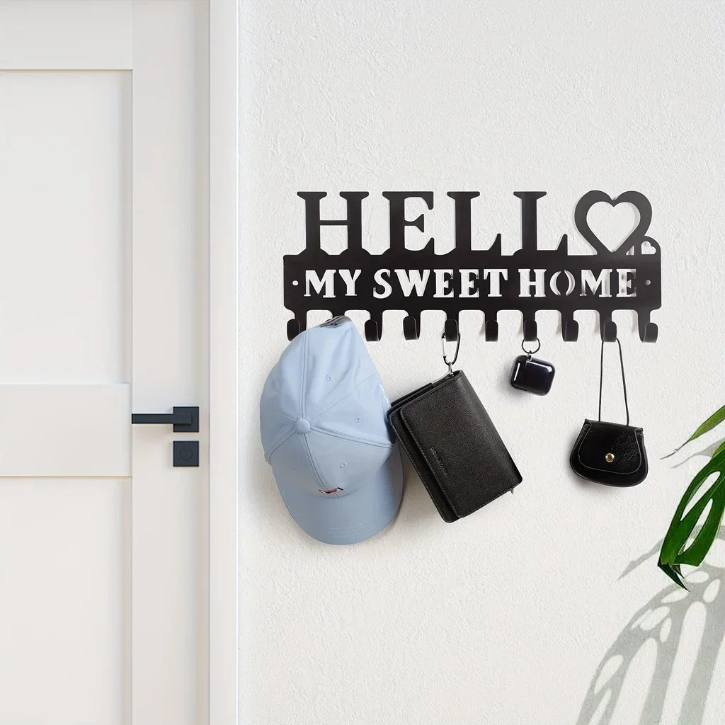 Key Storage Row Hooks For Wall Decorative,Wall Mounted Key Holder, Black Metal Key Hanging, Towel Rack, Coat rack