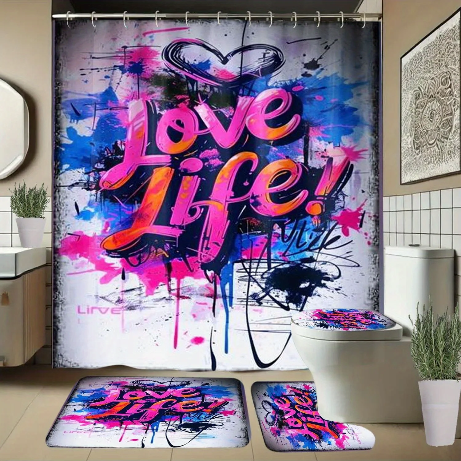 

4pcs Love, Life, Heart Pattern Shower Curtain with Hooks, Bathroom Partition Curtains, Home Decor Accessories, All-Season