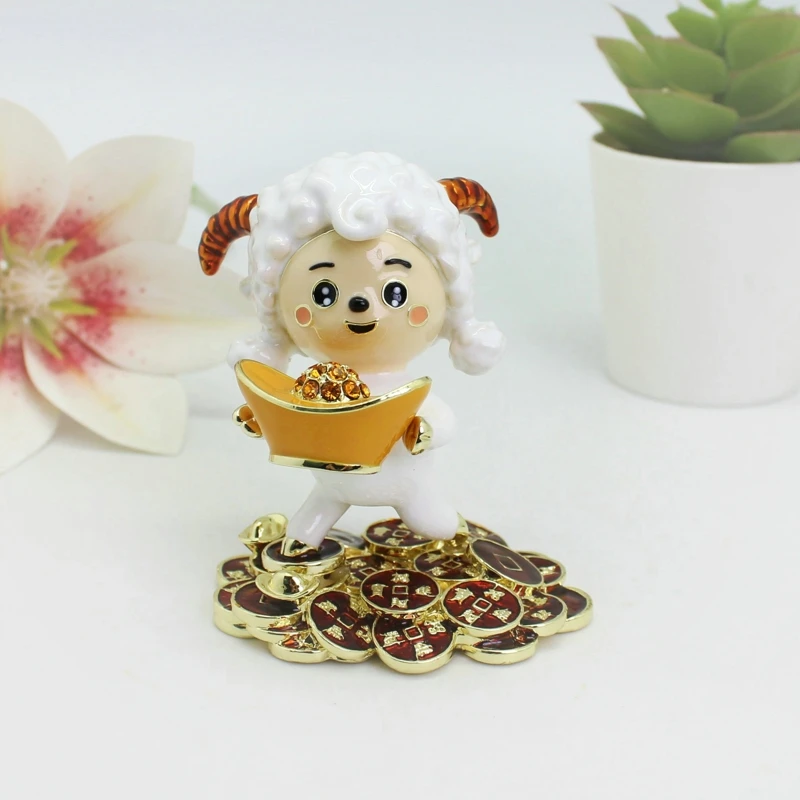 SHINNYGIFTS Enameled Goat Jewelry Box with Money Gold Coins Hand Painted Hinged Trinket Box Collectible Home Decor Easter Gifts