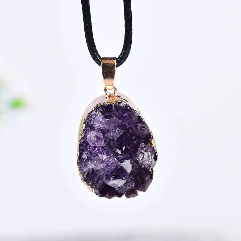 100% Natural Amethyst Cluster Pendant Necklace Brazil Amethyst Crystal Random Shaped Stones Reiki Jewelry For Unisex Gift