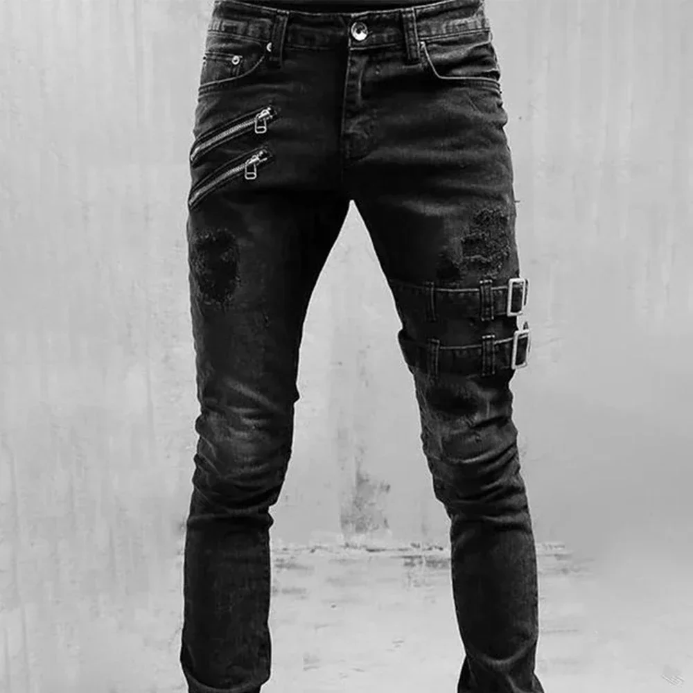 Retro Moto Biker Straight Elastic Jeans Men Zipper Hole Streetwear Punk Skinny Denim Cargo Pants Pantalones Hombre  Y2K Clothing