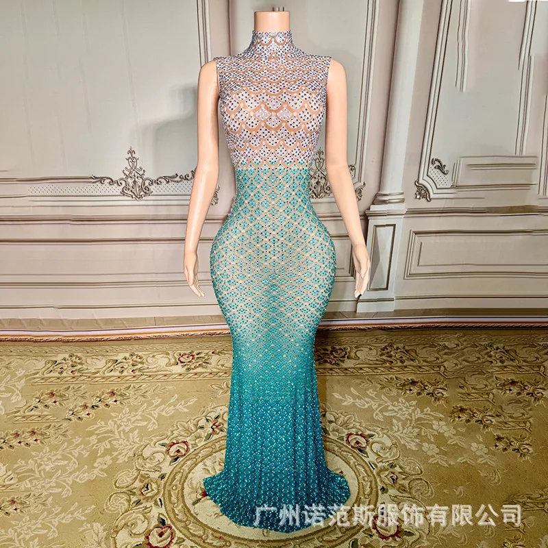 Fashion Gradual Change Color Elegant Neck Dress Adult Model Catwalk Clothing Female Banquet Host Dress Stage Performance Dresses
