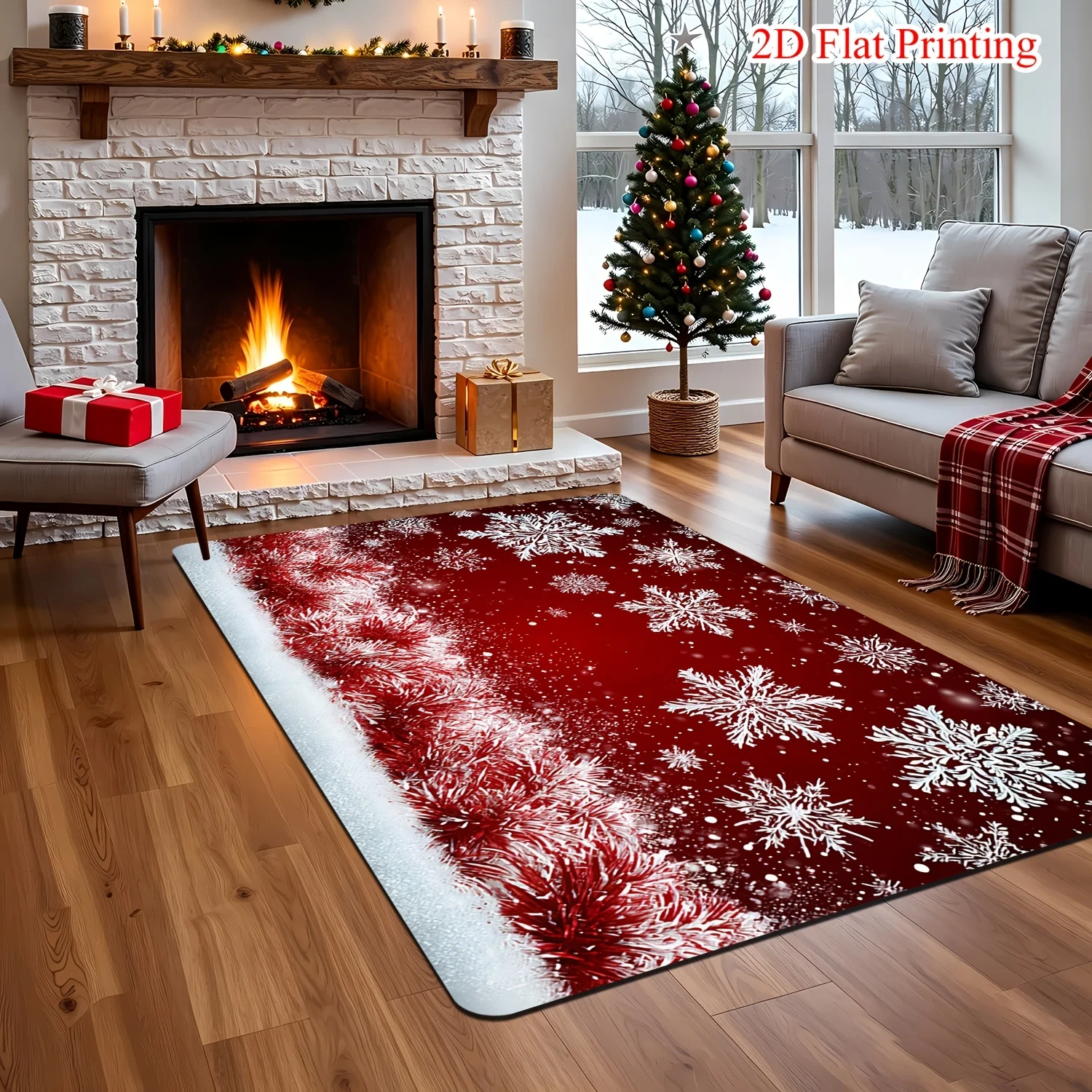 Deep Red Pine Snowflake Christmas Area Rug White Snow Sprinkle Fir Border Print Floor Mat Traditional Warm Home Decor Carpet