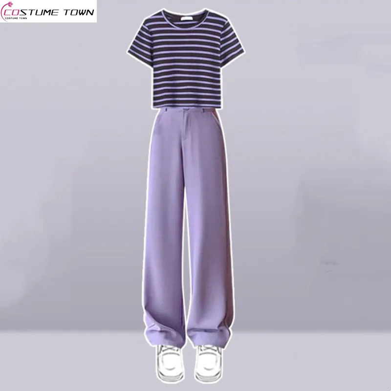

American fashion casual suit 2025 summer new short round neck striped short sleeved top+high waisted pants two-piece set