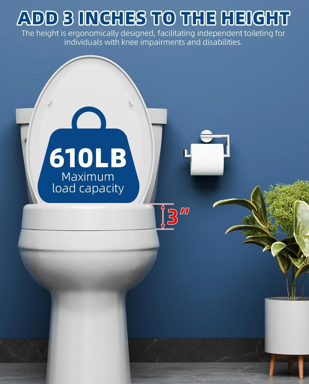 Elevated Toilet Seat Riser 3 Inch Heavy Duty Soft Close Easy Install Clean Elongated Raised Bowl White for Elderly Disabled