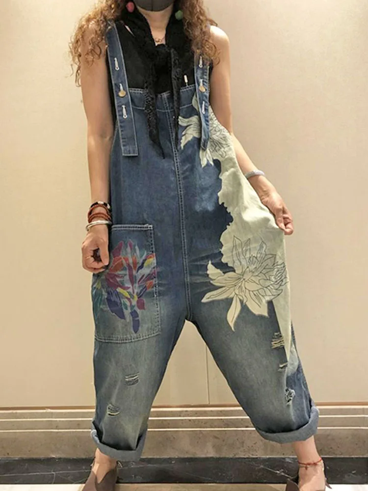 2023 Korean Females Fashion Overalls Ladies Spring Printed Denim Harem Pants Vintage Casual Jeans Womens Loose Vintage Trousers