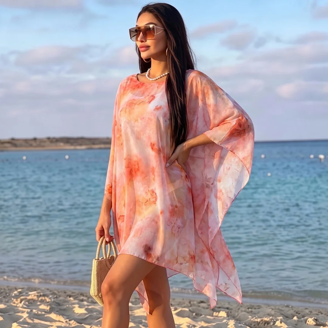 Boho Watercolor Floral Chiffon Kaftan Abaya Women Round Neck Loose Fit Summer Seaside Holiday Modest Robe