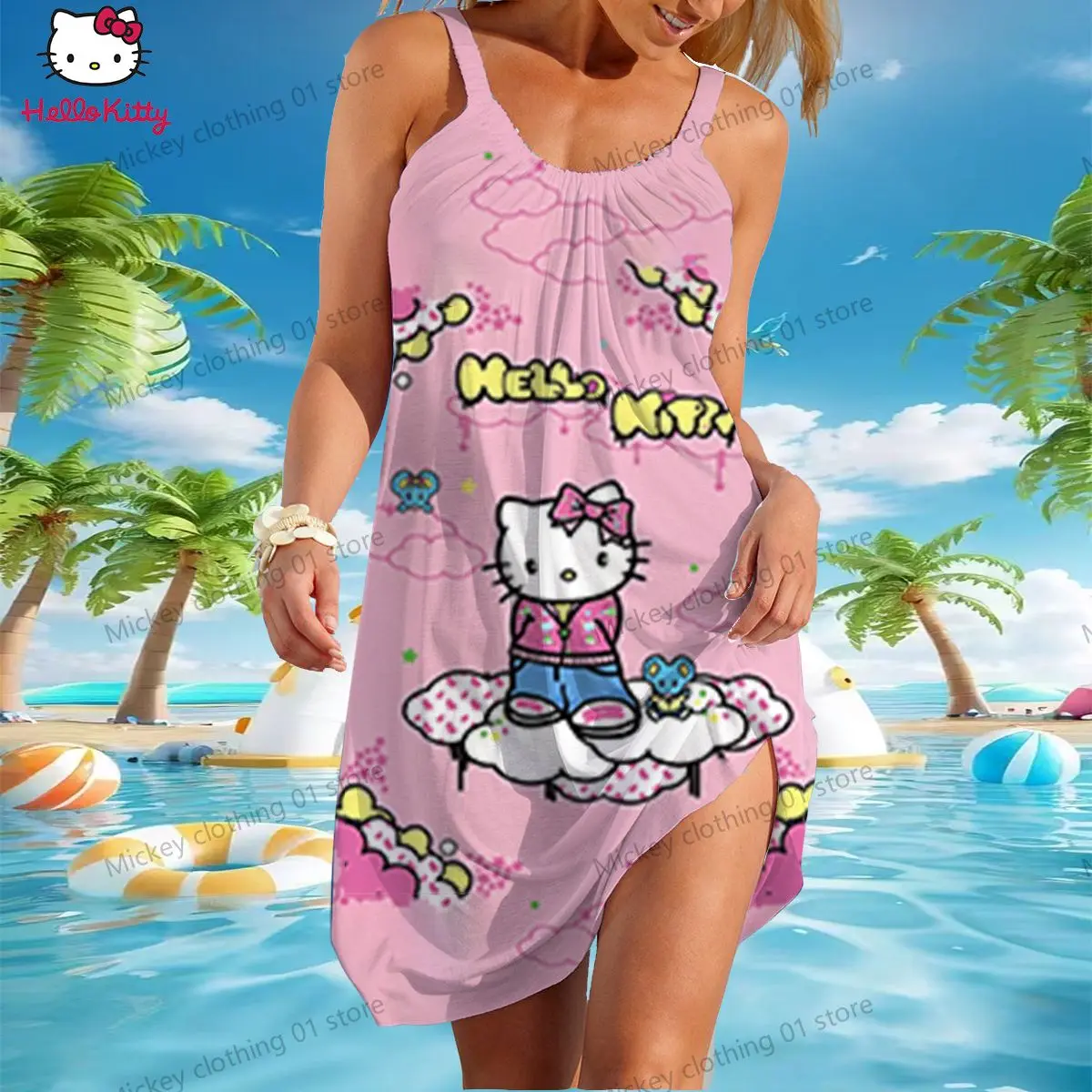 Women's Beach Dresses Kawaii Hello Kitty Ladies Dress Anime 2024 Leisure Summer Sanrio Y2k Sling Elegant Young Girls Sexy Chic