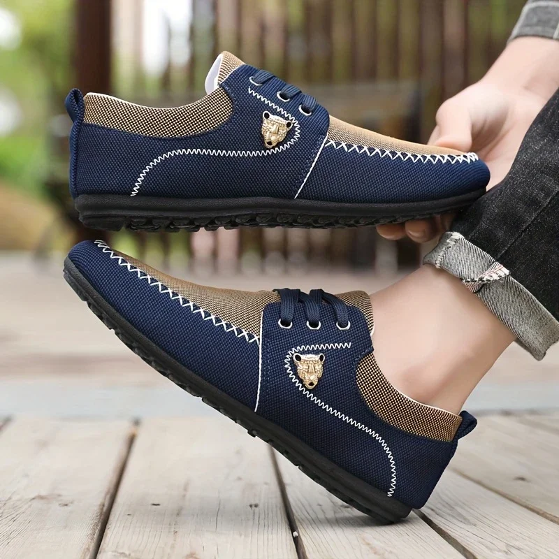 

Men's Color-Block Canvas Casual Shoes, Retro Breathable Lace-Up Loafers, Soft-Soled Non-Slip Slip-On Shoes, Versatile for Daily Commuting and Light Business Wear