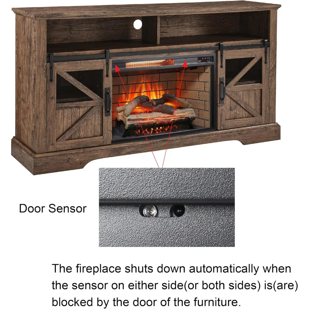 Soporte para TV con chimenea eléctrica de 60 pulgadas, centro de entretenimiento con control remoto, consola de madera para TV con función de chimenea moderna