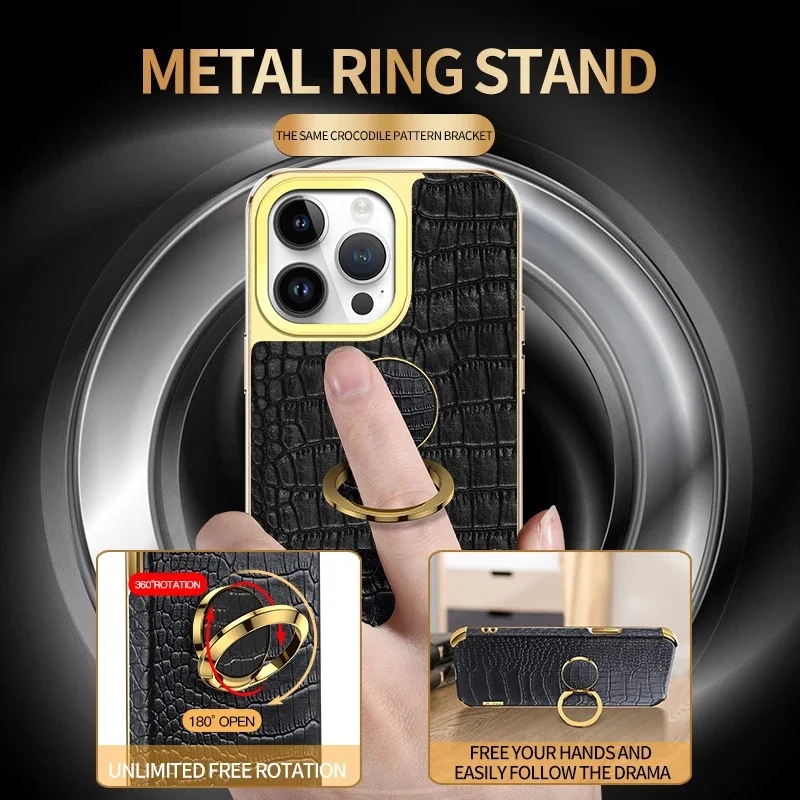 For IPhone 16 Pro Max 16E Crocodile PU Leather Soft Case Shockproof Magnetic Kickstand Ring Holder Silicone Cover Phone Cases