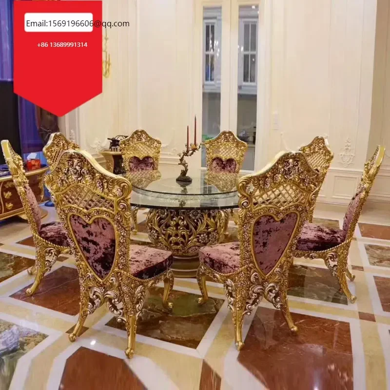 Custom European round dining table large family villa French solid wood dining table and chair combination with turntable