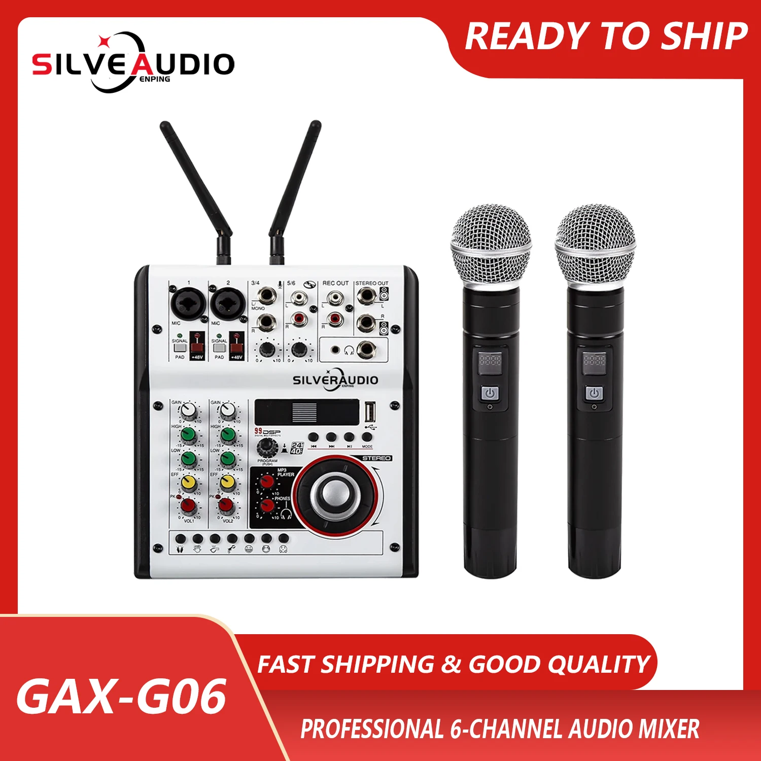 GAX-G06 echo mixing console UHF dual channel wireless microphone handheld mic audio mixer with USB BT5.0 reverb for PC recording