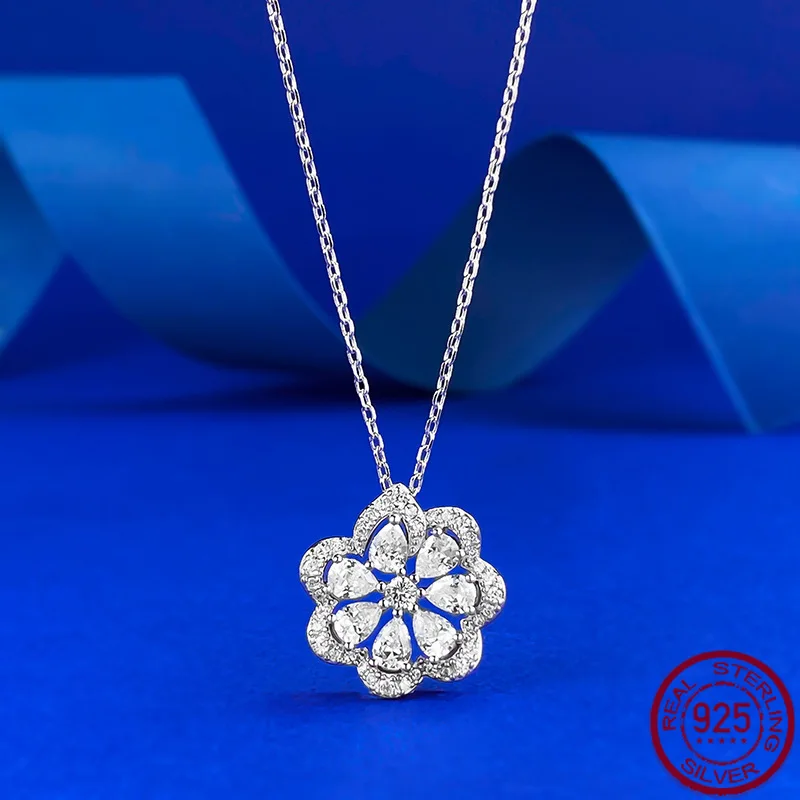 

New lace necklace for women, hollowed out diamond pendant S925 silver flower shaped necklace, wedding jewelry