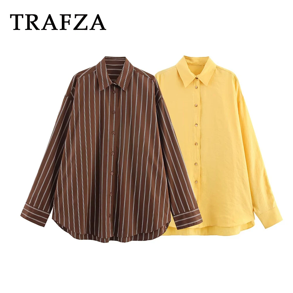 

TRAFZA Chic Casual Fashion 2025 Striped Shirt Loose Single Breasted Streetwear Long Sleeve Turn-down Collar Elegant Female Shirt