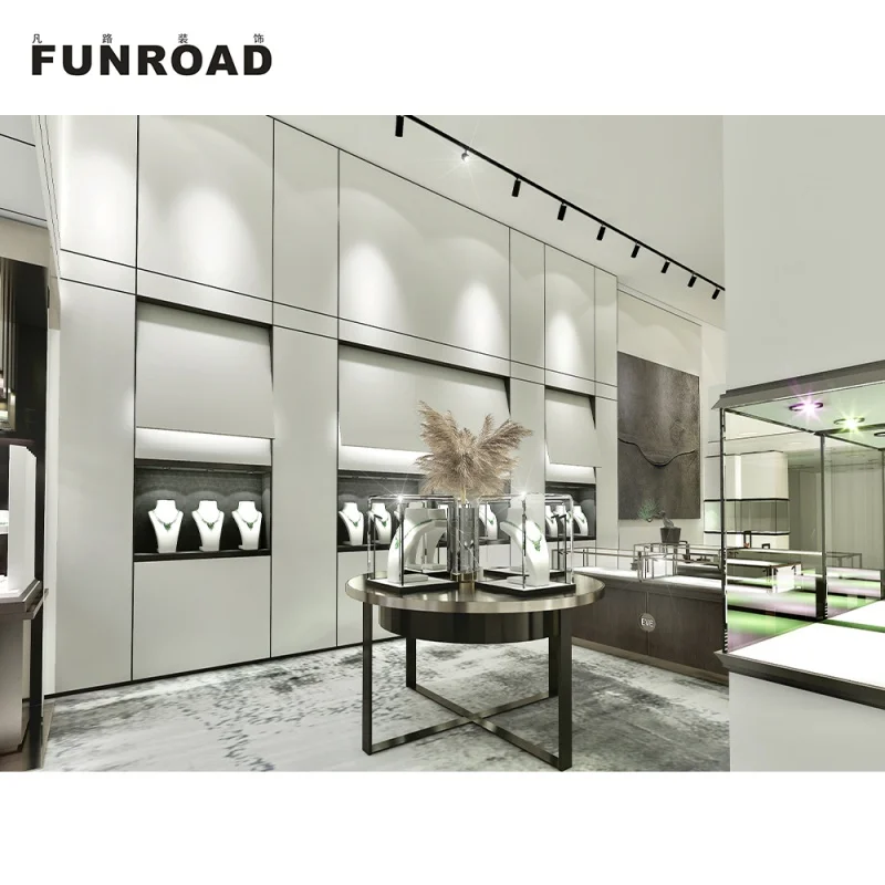 

Custom. Funroad-standing counter display mdf jewelry shop counter design showcase for jewelry store cabinet